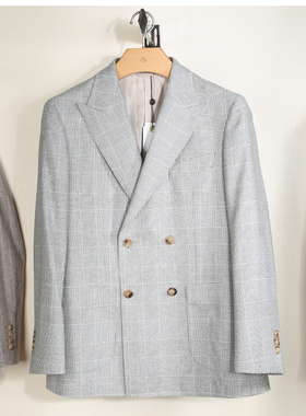 金利来商务风双排扣格纹西服男修身羊毛西装外套MZDG79013040-58