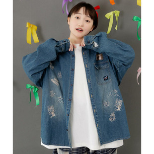 日单潮牌SC家拉比尔与猫咪的雪之记忆刺绣牛仔衬衫