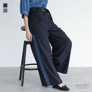 日单潮牌som ari侧面蕾丝阔腿裤