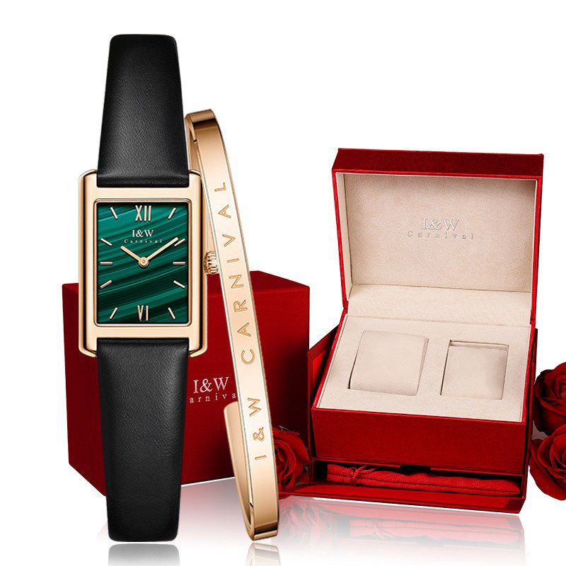 瑞士爱沃驰手表女款轻奢高级感正品方形小绿表女士时尚百搭石英表