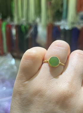 天然和田玉碧玉圆牌戒指925银镶碧玉圆牌戒指新中式国风礼物证书