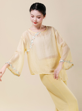 新中式国风古典舞蹈练功纱衣演出服装飘逸花朵中袖复古上衣