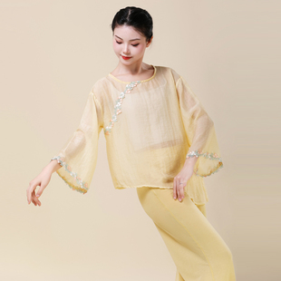 复古上衣 飘逸花朵中袖 新中式 国风古典舞蹈练功纱衣演出服装