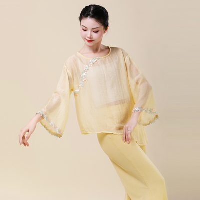 新中式国风古典舞蹈练功纱衣演出服装飘逸花朵中袖复古上衣