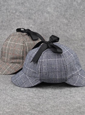 英伦格鸭舌帽子福尔摩斯神探帽夏洛特双沿帽复古猎鹿帽春秋男女潮