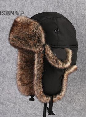 VISON 特大雷锋帽黑色加厚棉帽纯色东北毛帽子滑雪男女飞行韩版潮