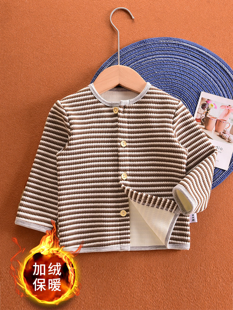 양털 가디건 1  따뜻한 가을 의류 일체형 어린이 소년 소녀 줄무늬 속옷 더블 브레스트 가을 겨울 6 세