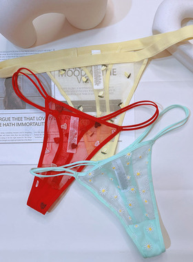 大码丁字裤女胖mm200斤欧美细绳透明性感内裤tback红色刺绣