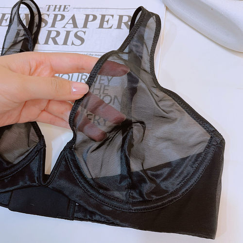 深V超薄无胸垫透明性感内衣女大胸显小文胸E杯显胸小超好质感黑色