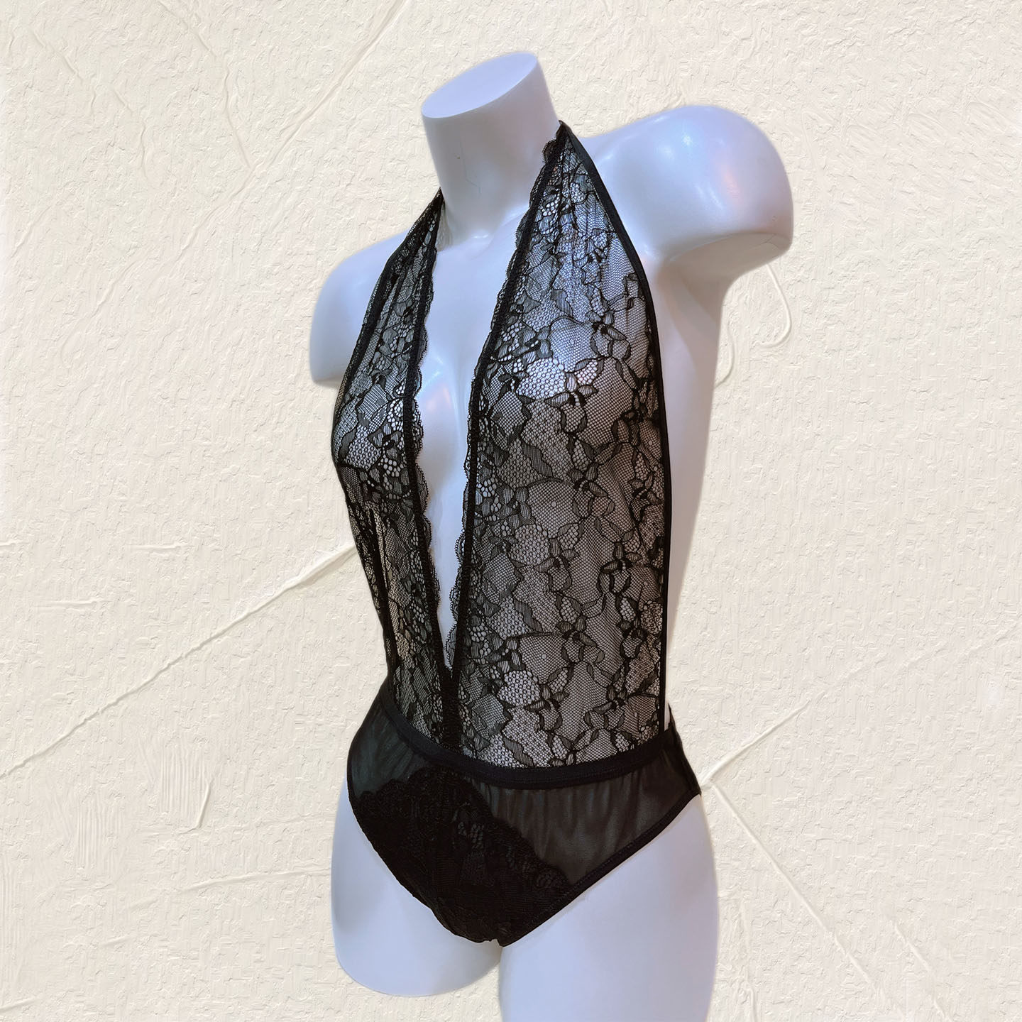 独款 黑色挂脖露背连体衣 情调性感镂空透明内衣女 打底裆可开扣