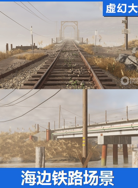 UE5 Coastal Wetland & Railroad Bridge 大海边铁路场景桥火车
