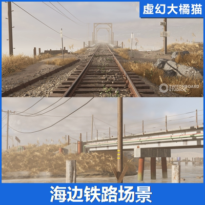 UE5 Coastal Wetland & Railroad Bridge 大海边铁路场景桥火车