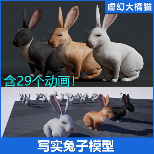 UE5虚幻4 Realistic Rabbit 写实兔子模型 白兔黑兔家兔 3D素材