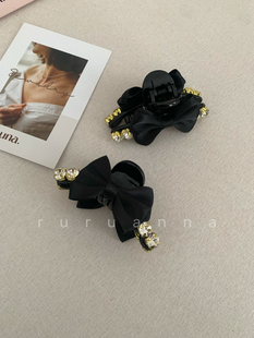 甜美气质水钻黑色蝴蝶结发抓公主头精灵耳侧边刘海小号抓夹一对装
