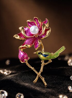 中国风喜鹊莲花珍珠胸针女大气复