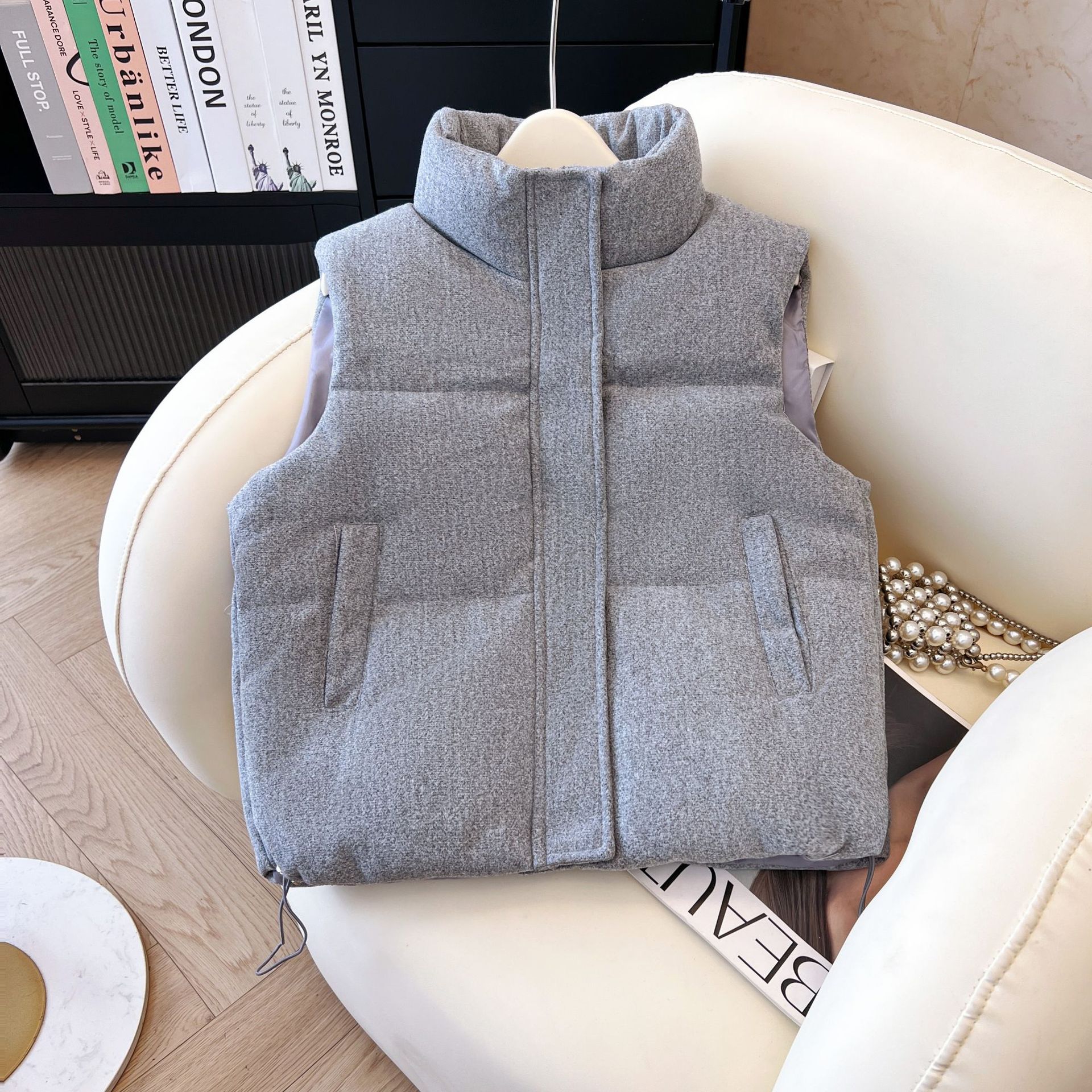 秋冬立领毛呢短款羽绒棉马甲年韩