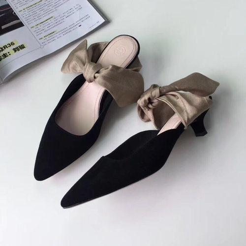 the*羊反绒低跟穆勒鞋半拖鞋真皮蝴蝶结尖头小猫跟女单鞋