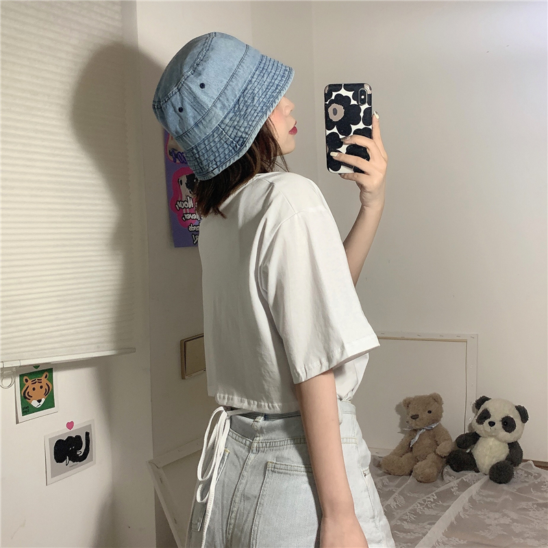 South Korea chic fashion back bandage design simple loose short sleeve T-shirt