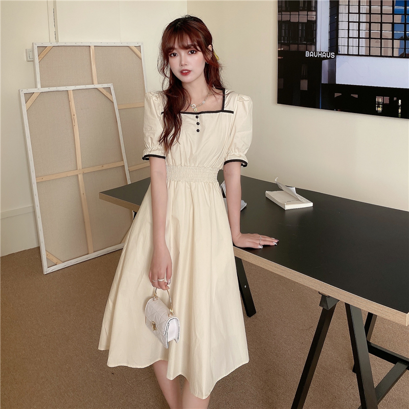 Real price new women's dress French retro waist show thin Hepburn style square collar mid length dress