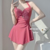 纯欲系露背绑带收腰裙式 夏语微琪 嫣然玫瑰 挂脖连体保守泳衣女