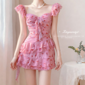 遮肚显瘦保守连体泳衣女温泉 度假碎花裙式 夏语微琪 粉色蔷薇