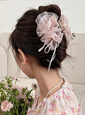 云朵花苞网纱褶皱盘发鲨鱼夹后脑勺时尚氛围感抓夹高级感发夹女