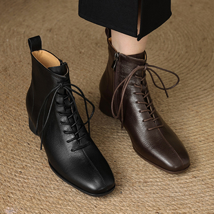 鞋 里外全皮小方头短靴女中跟粗跟真皮春秋单靴冬季 真皮系带马丁靴
