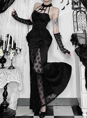 XS25160暗黑系礼服吊带连衣裙2025新款蕾丝拼接包臀鱼尾半身裙女