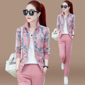 印花长袖 运动套装 大码 时尚 休闲跑步服卫衣三件套潮 女春秋2024新款