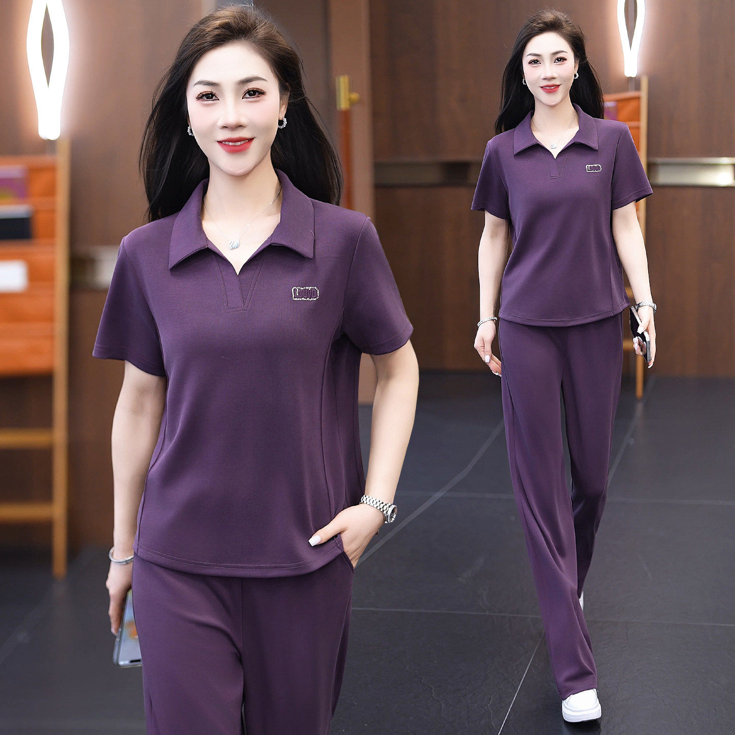 休闲套装女夏季POLO衫短袖长裤时尚显瘦冰丝两件套