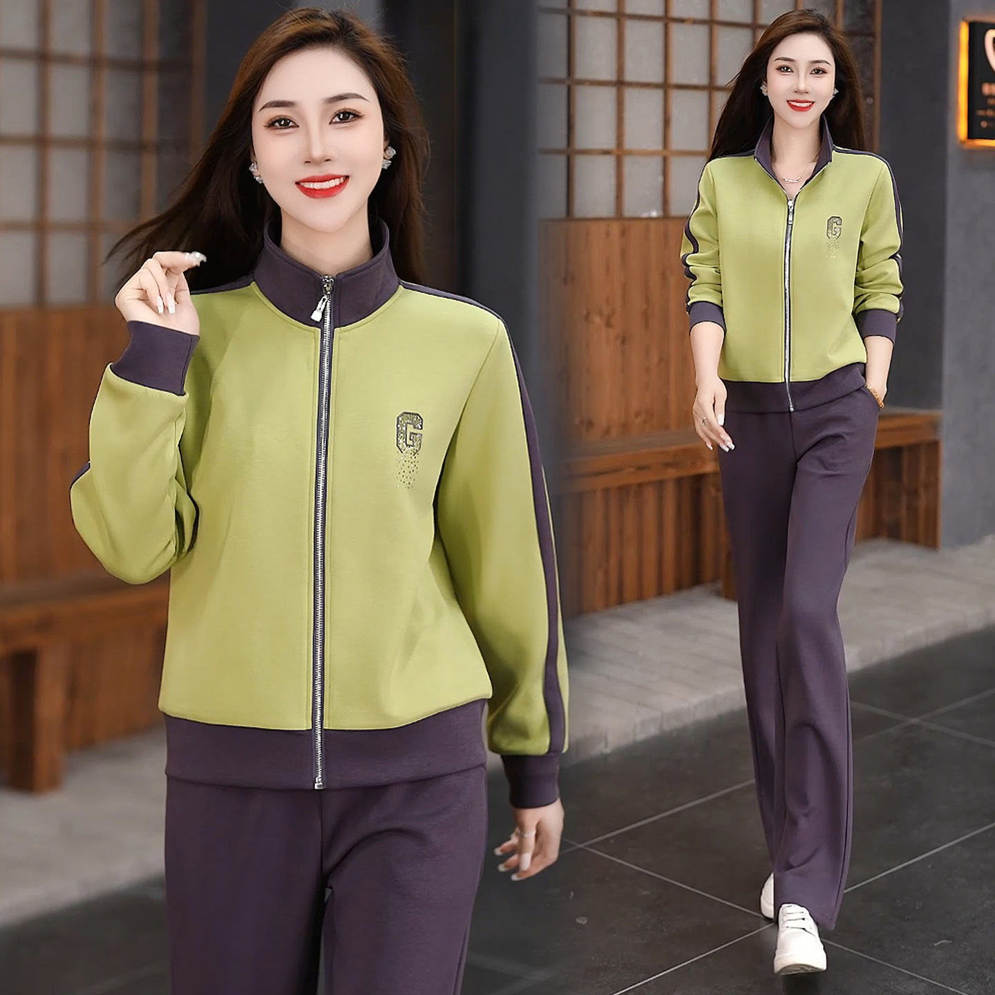 运动套装女士春秋季2025新款中年妈妈立领长袖宽松显瘦外套两件套