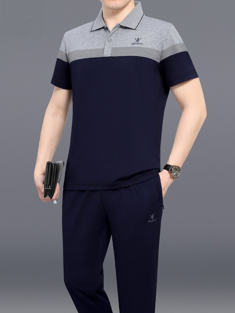 爸爸夏装时尚休闲运动套装大码中老年男拼色POLO衫中年冰丝两件套