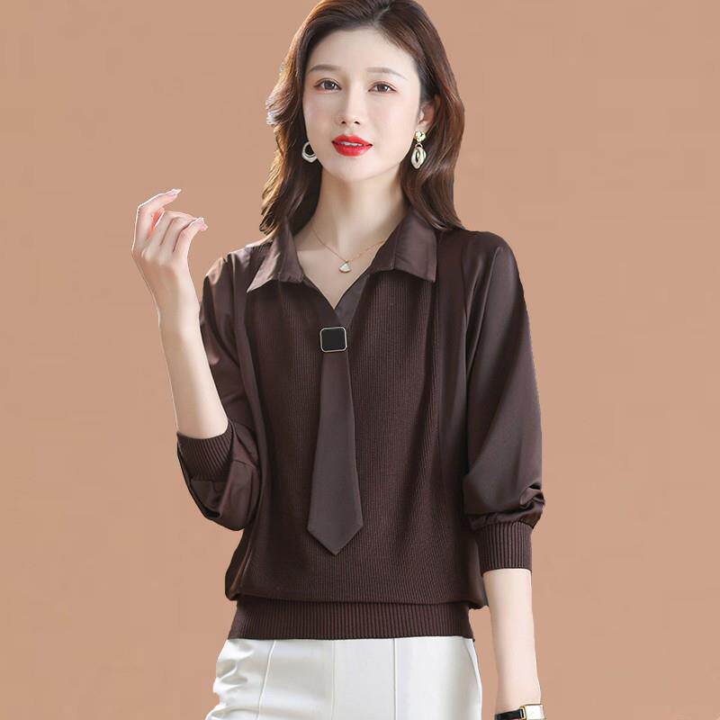 衬衫领毛衣女春秋薄款大码女装上衣胖mm初春羊毛打底假两件针织衫