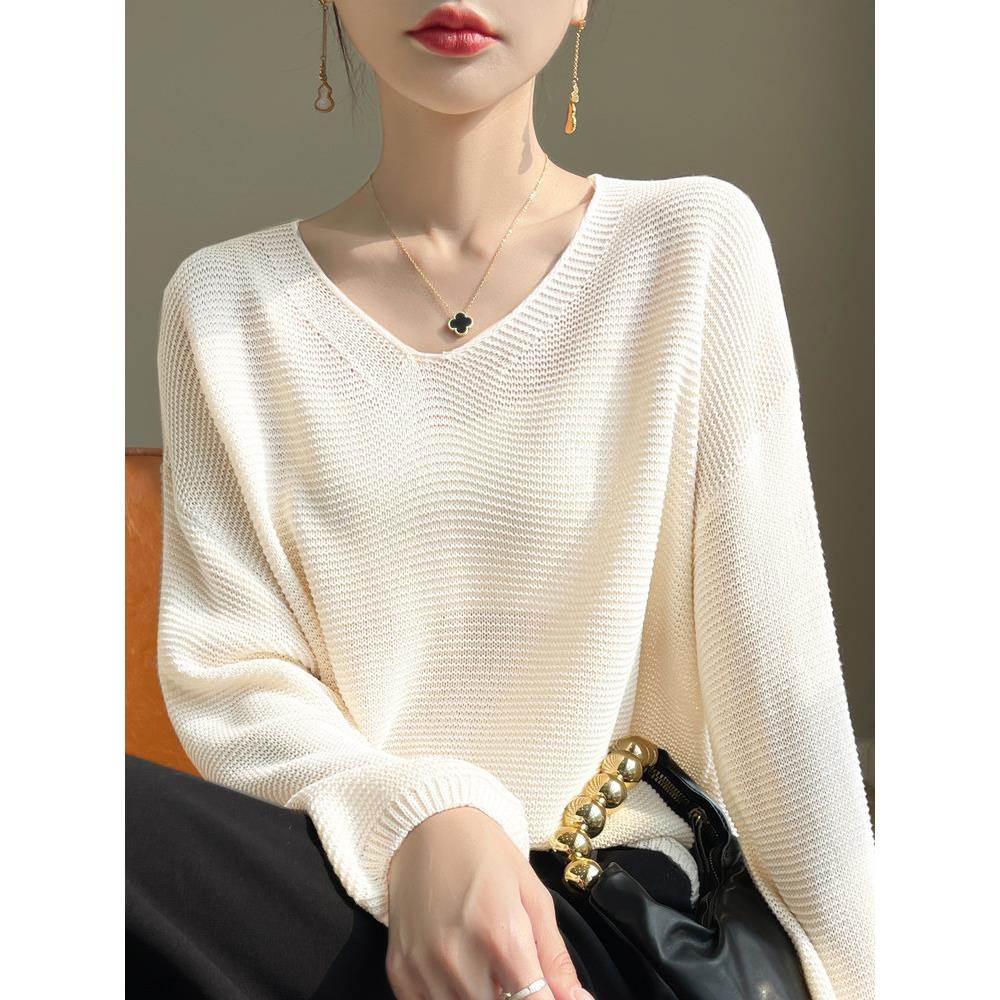早秋V领宽松针织打底衫女2025新款春秋内搭上衣洋气大码女装毛衣