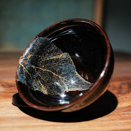 宋研 | 真木叶乌金釉点茶盏 13公分大束口桑叶黑釉瓷建盏宋式茶碗