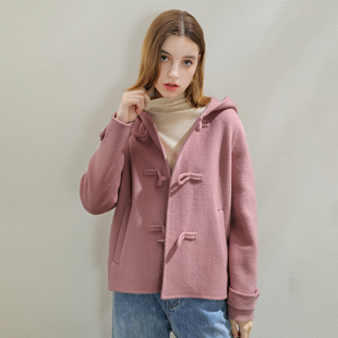 秋冬新款学院风100羊毛牛角扣毛呢外套女短款小个子双面呢皮粉色