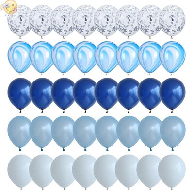 40 Pcs Blue Balloons Set Agate Marble Balloons With Silver C
