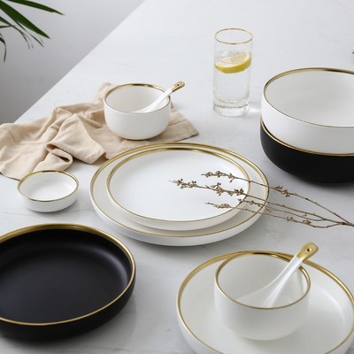 White And Black Round Gold Stroke Ceramic Dinner Plate Set P