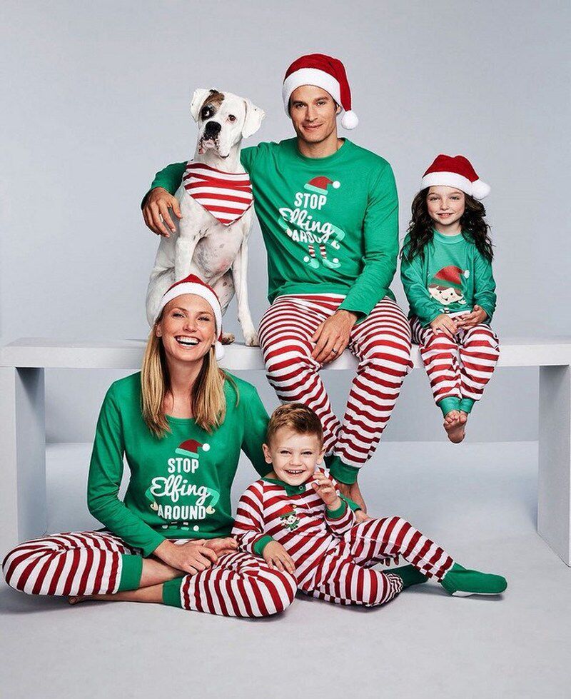 STOP Elfing AROUND Striped Christmas Family Pajamas Sets - 实物图