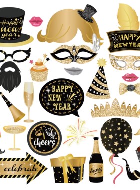 25pcs Black Gold Happy New Year Photobooth Props Merry Chri