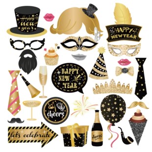 25pcs Black Gold Happy New Year Photobooth Props Merry Chri