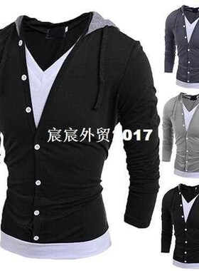 Fashion Men's V Neck Long Sleeve Hooded T-Shirt Buttons