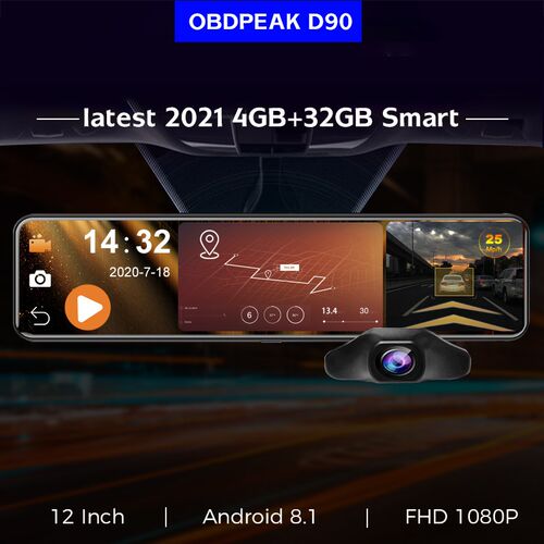 OBDPEAK Android 4G 12'' Car Rearview Mirror Stream Media Da