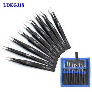 9pcs/lot Anti-static ESD Tweezers Precision Pinzas Stainless