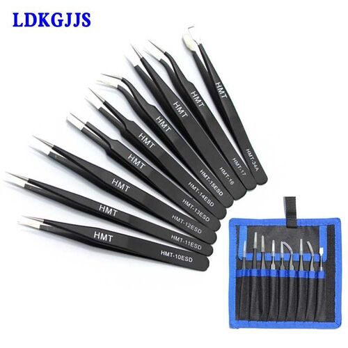 9pcs/lot Anti-static ESD Tweezers Precision Pinzas Stainless