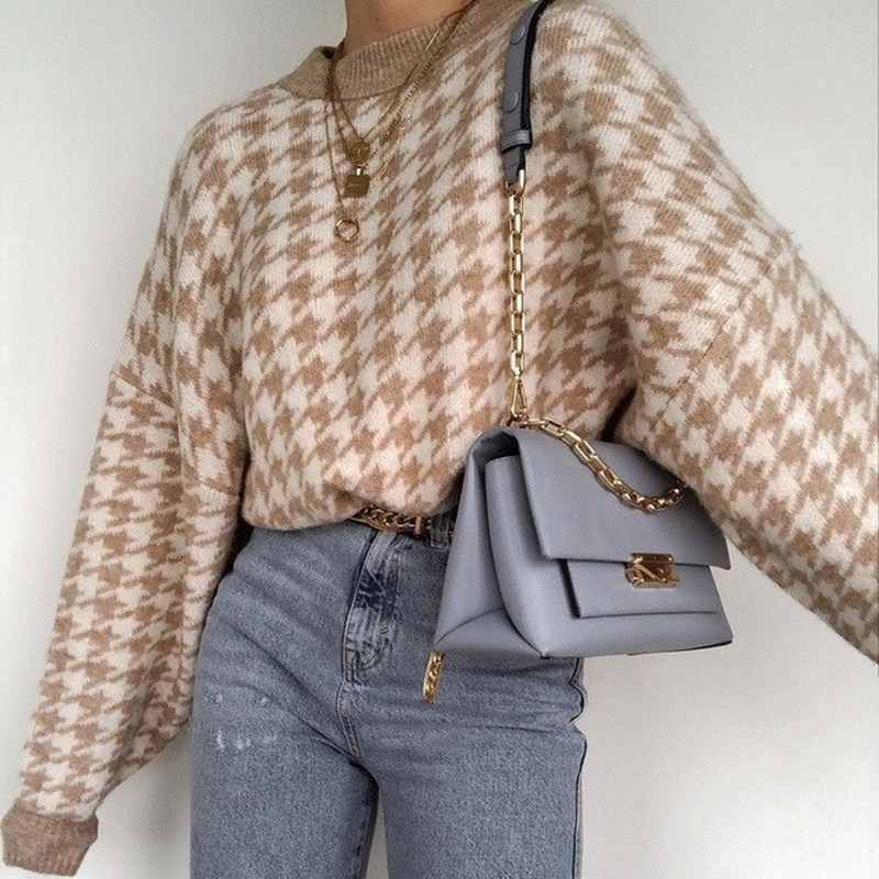 Autumn and winter houndstooth knitted casual pullover sweate