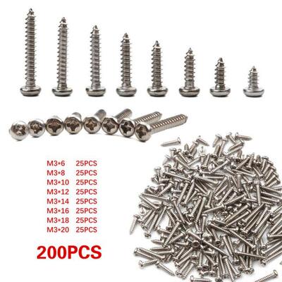 200Pcs 304 Stainless Steel Pan Head Self Tapping Screw Round