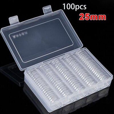 100Pcs/Box Coin Box Clear 25mm Round Boxed Holder Plastic St