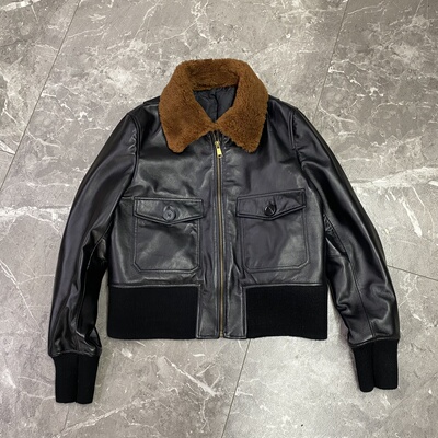 欧货冬季爆款咖色加棉皮衣女羊皮美式复古羊羔毛领大口袋休闲夹克