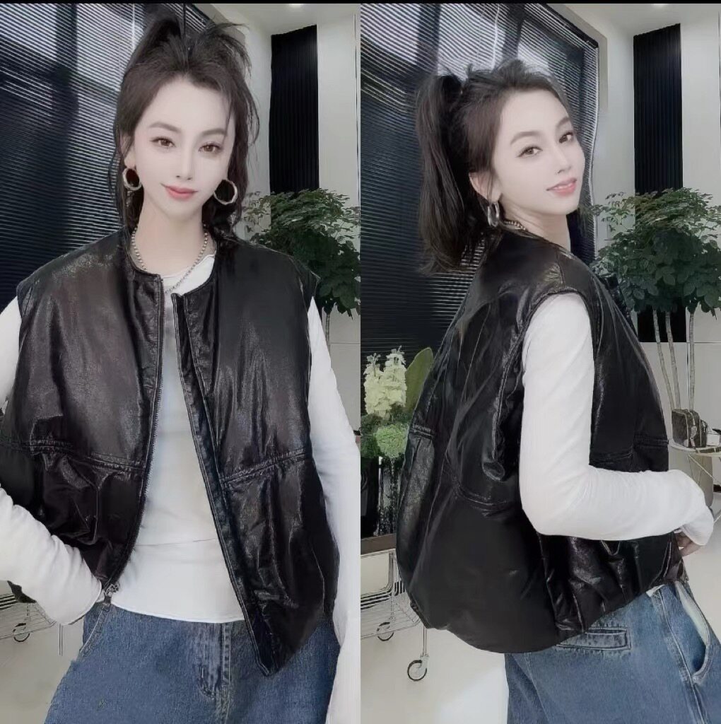 2025新款真皮绵羊皮羽绒皮衣女短款圆领拉链马甲外套欧货上衣百搭